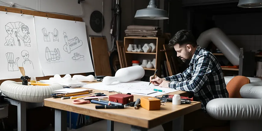 8 Pitfalls 02 Inflatable manufacturer analyzing new designs at a worktable.