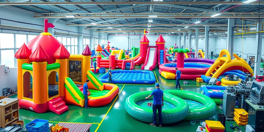 8 Pitfalls 01 Modern inflatable factory with machines and workers designing colorful inflatables.