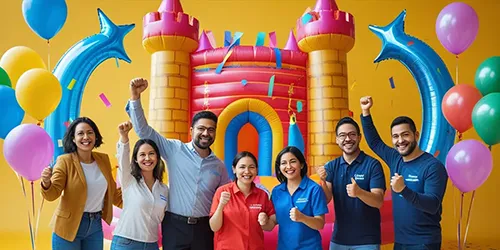 Team celebrating the completion of an inflatable castle order.