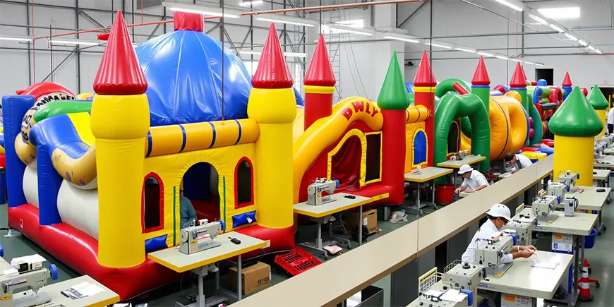 Inflatable castle factory with workers operating sewing machines.